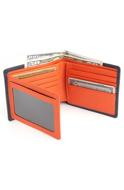 Shop Royce New York Personalized Rfid Leather Trifold Wallet In Navy/ Orange- Gold Foil