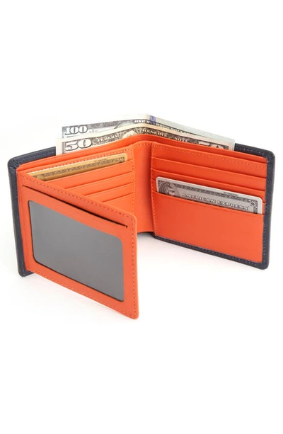 Shop Royce New York Personalized Rfid Leather Trifold Wallet In Navy/ Orange- Silver Foil