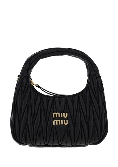 Shop Miu Miu Wander Matelassé Logo Plaque Mini Hobo Bag In Black