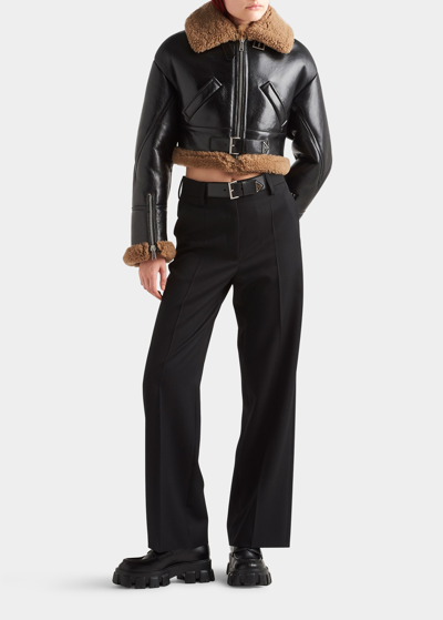 Shop Prada Cropped Moto Leather Shearling Jacket In F02zx Nero Acero