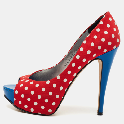 GINA Pre-owned Red/blue Polka Dot Print Canvas Peep Toe Platform Pumps Size 38