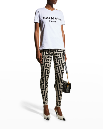 Shop Balmain 3-button Flocked Logo T-shirt In White / Black