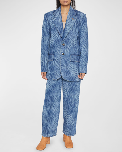 Shop Mm6 Maison Margiela Single-breasted Crocodile Printed Jacket In Blue Wash With Sn