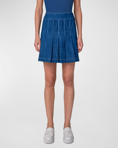 Shop Akris Punto Pleated Denim Mini Skirt In Blue Denim