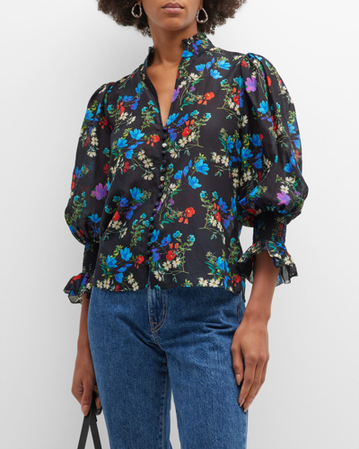 Shop Alice And Olivia Ilan Smocked-sleeve Button-front Blouse In Beautiful Blooms