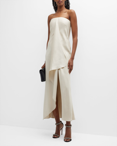 Shop Brandon Maxwell Silk Dress W/ Cascade Front In Pearl