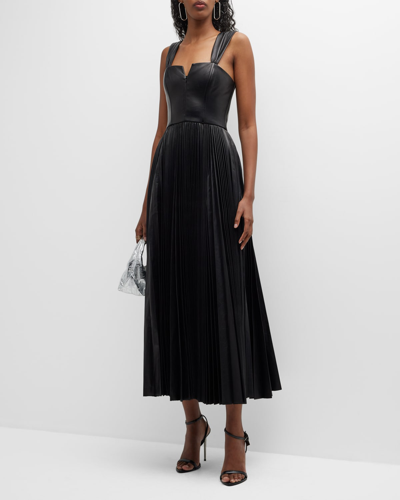 Shop Brandon Maxwell Pleated Leather Tea-length Corset Dress In Black