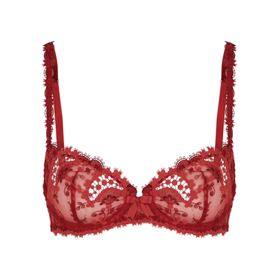 Shop Simone Perele Wish Red Embroidered Tulle Half-cup Bra