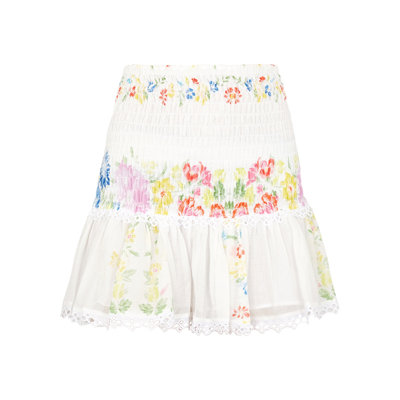 Shop Charo Ruiz Yane Floral-print Smocked Cotton-blend Mini Skirt In White