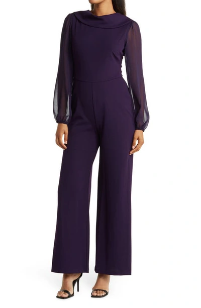 Connected Apparel Chiffon Long Sleeve Jumpsuit In Eggplant