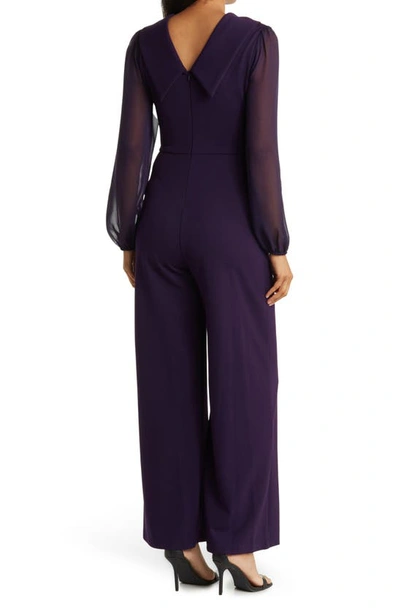 Connected Apparel Chiffon Long Sleeve Jumpsuit In Eggplant