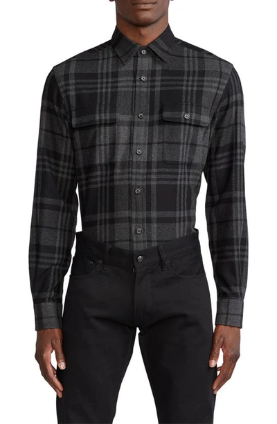 Shop Ralph Lauren Purple Label Glencheck Plaid Wool & Cashmere Flannel Shirt In Dark Melange Grey