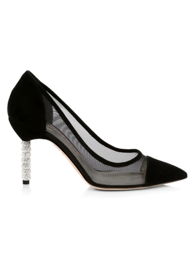 Shop Sophia Webster Women's Jasmine Embellished-heel Suede & Mesh Pumps In Black