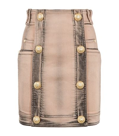 Balmain Washed Stretch Cotton Denim Mini Skirt, Grey/pink