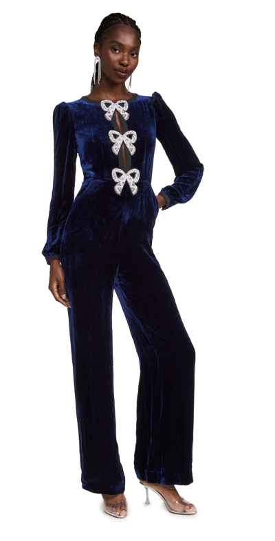 Shop Saloni Camille Bows Jumpsuit In Navy/pearl Bows