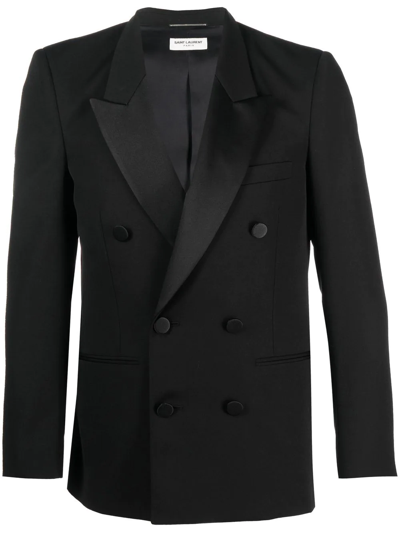 Saint Laurent Double-breasted Satin-trimmed Wool Blazer In Schwarz