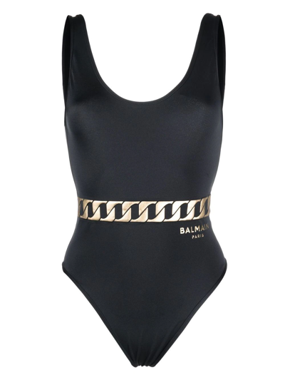 Shop Balmain Chain-print One-piece Swimsuit In 001 Black