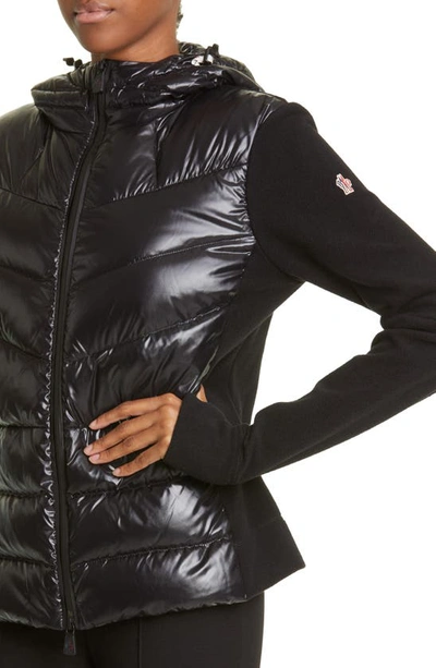 Shop Moncler Quilted Down & Fleece Hooded Cardigan In Black