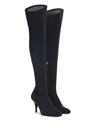 Giuseppe Zanotti Calixtee Cuissarde Crystal-embellished Leather-trimmed Mesh Thigh Boots In Schwarz