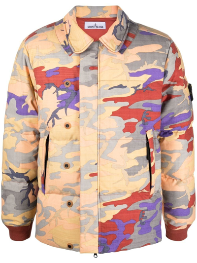 Shop Stone Island Camouflage Padded Jacket In Orange