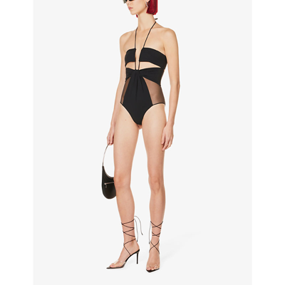Shop Nensi Dojaka Womens Black Plunge-neck Semi-sheer Swimsuit