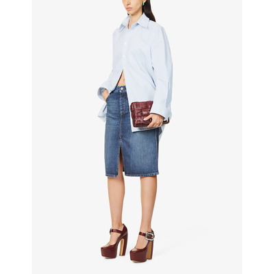 Shop Bottega Veneta Women's Mid Blue High-rise Split-hem Denim Skirt