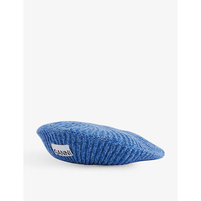 Shop Ganni Logo-patch Ribbed Wool, Recycled-wool And Recycled-polyamide Blend Beret In Granada Sky