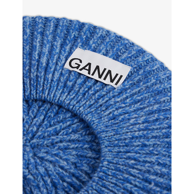 Shop Ganni Logo-patch Ribbed Wool, Recycled-wool And Recycled-polyamide Blend Beret In Granada Sky