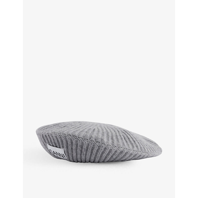 Shop Ganni Logo-patch Ribbed Wool, Recycled-wool And Recycled-polyamide Blend Beret In Paloma Melange