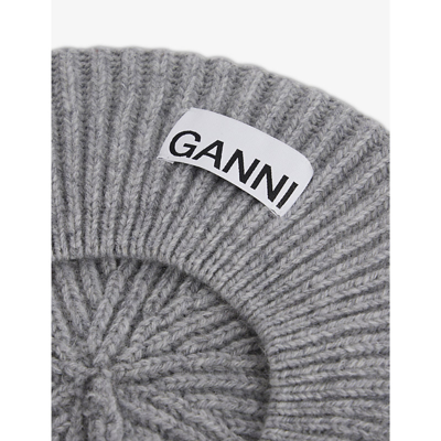 Shop Ganni Logo-patch Ribbed Wool, Recycled-wool And Recycled-polyamide Blend Beret In Paloma Melange