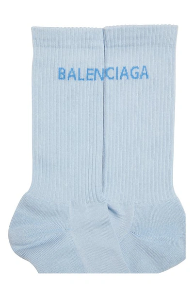 Shop Balenciaga Logo Crew Socks In Light Blue/ Blue