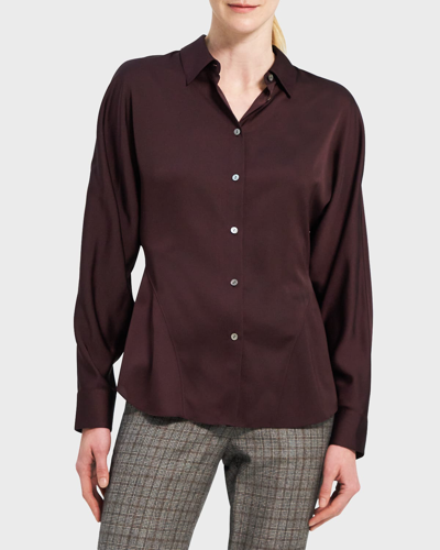 Shop Theory Cinched Button-front Satin Blouse In Merlot