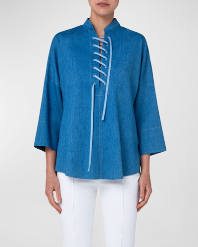 Shop Akris Punto Lace-up Denim Collared Blouse In Medium Blue Denim