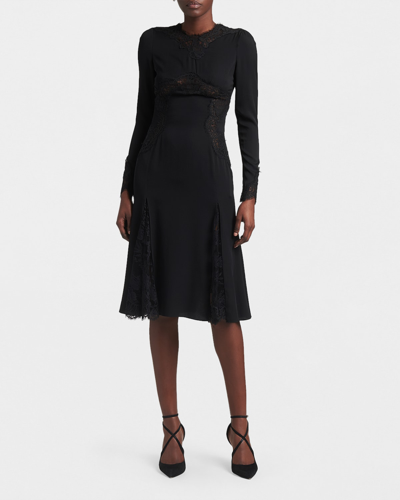Shop Dolce & Gabbana Long-sleeve Godet Silk-blend Dress W/ Lace Trim In Nero