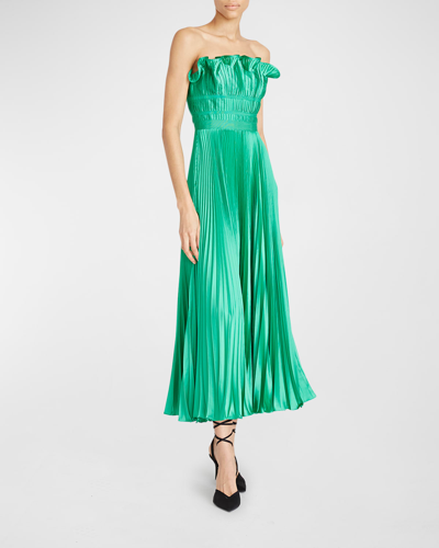Shop Amur Giada Strapless Pleated Charmeuse Dress In Green Grass