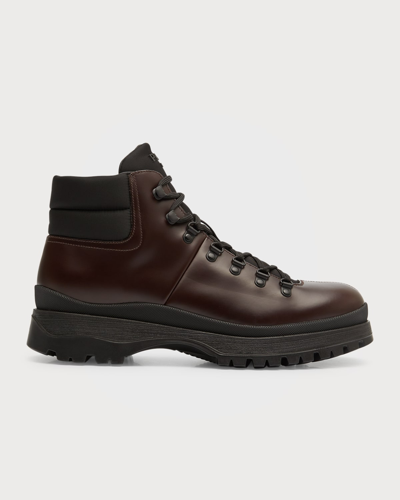 Shop Prada Men's Brucciato Leather Lace-up Hiking Boots In Moro