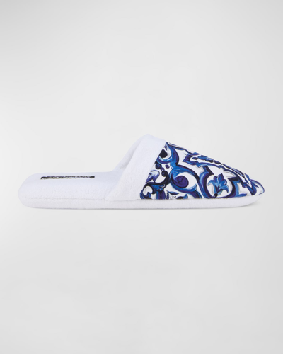 Shop Dolce & Gabbana Men's Majolica-print Cotton Slippers In Medium Blu