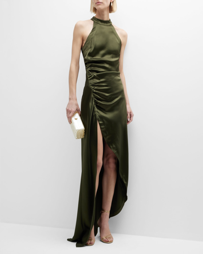 Shop Retroféte Sab Long Halter High-low Satin Dress In Army Green