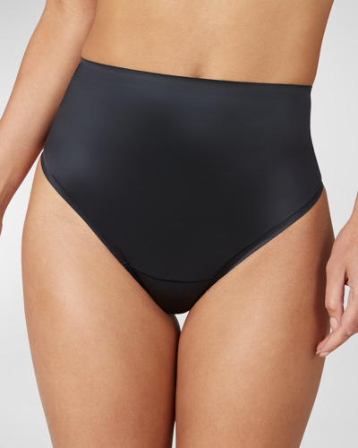 Shop Spanx High-rise Shaping Satin Thong In Very Black