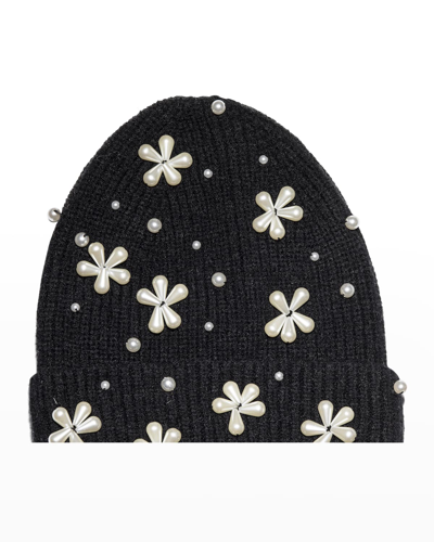 Shop Lele Sadoughi Pearly Snowflake Rib Knit Beanie In Black