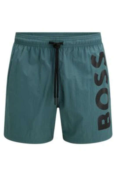 Shop Hugo Boss Quick-drying Swim Shorts With Large Contrast Logo In Light Green