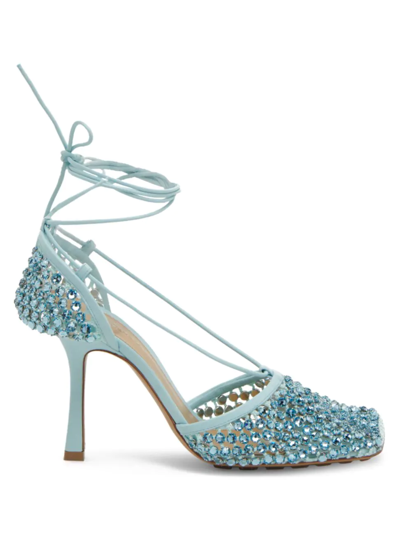 Shop Bottega Veneta Women's Stretch Rhinestone Mesh Leather Sandals In Pale Blue