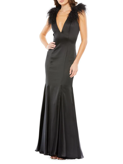 Shop Mac Duggal Women's Feather-embellished Sheath Gown In Black