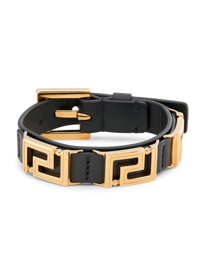 Shop Versace Women's Greca Goldtone & Leather Bracelet In Black