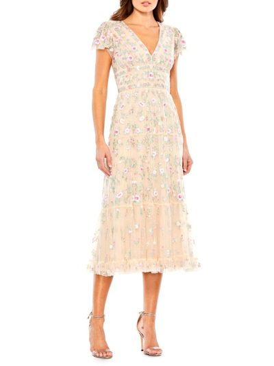 Shop Mac Duggal Women's Floral Midi Dress In Beige Multi