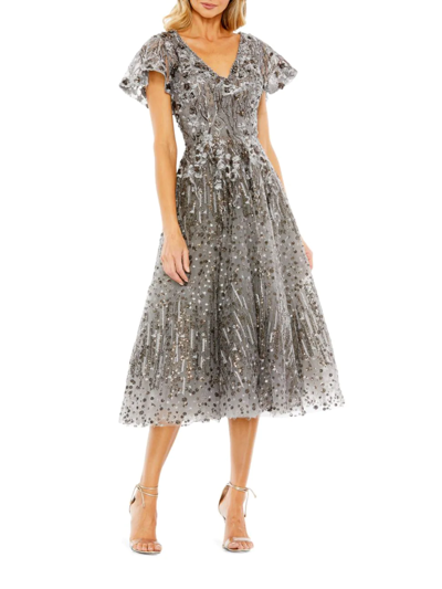 Shop Mac Duggal Women's Embellished Butterfly-sleeve Fit & Flare Dress In Gunmetal