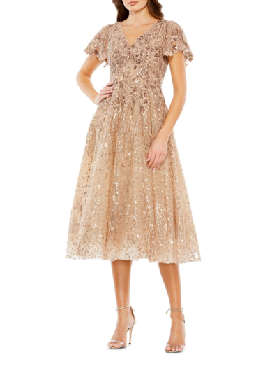 Shop Mac Duggal Women's Embellished Butterfly-sleeve Fit & Flare Dress In Taupe