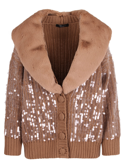 Shop Blumarine Knitted All-over Sequins Embellished Wool Cardigan In Amphora