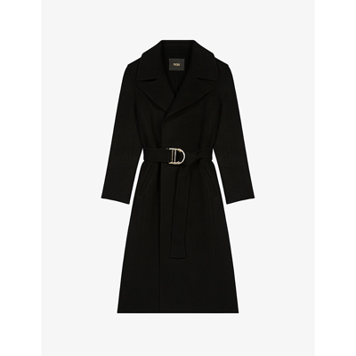 Shop Maje Womens Noir / Gris Genereux Double-breasted Belted Wool-blend Coat