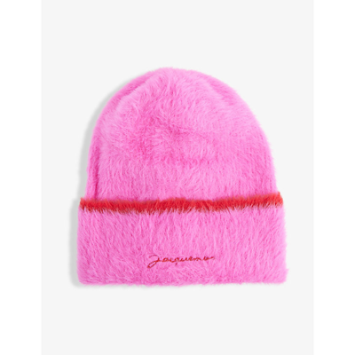Shop Jacquemus Women's Pink Le Bonnet Brand-embroidered Stretch-woven Beanie